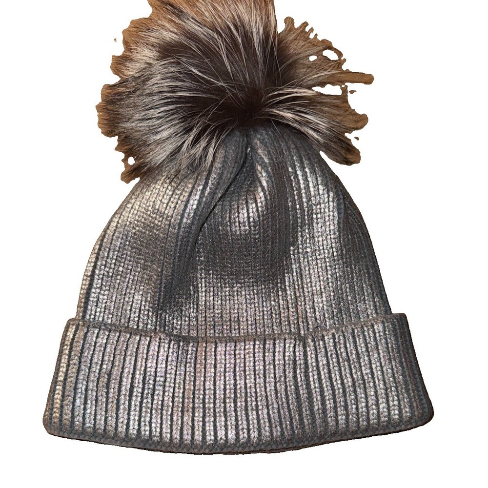 Adrienne Landau Women's Metallic Silver Beanie with Fox Fur Pom-Pom OS NWT